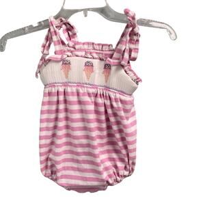 Stitchy Fish Girls 18 Mo Smocked Ice Cream Cone Romper Bubble Pink Stripe Cotton
